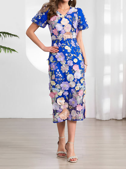 Flower Embroidered Puff Sleeves Midi Sheath Dress