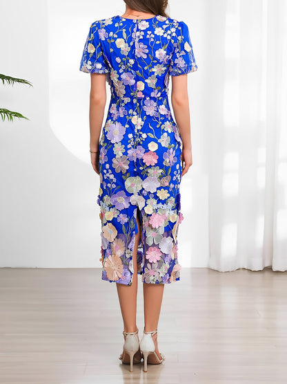 Flower Embroidered Puff Sleeves Midi Sheath Dress