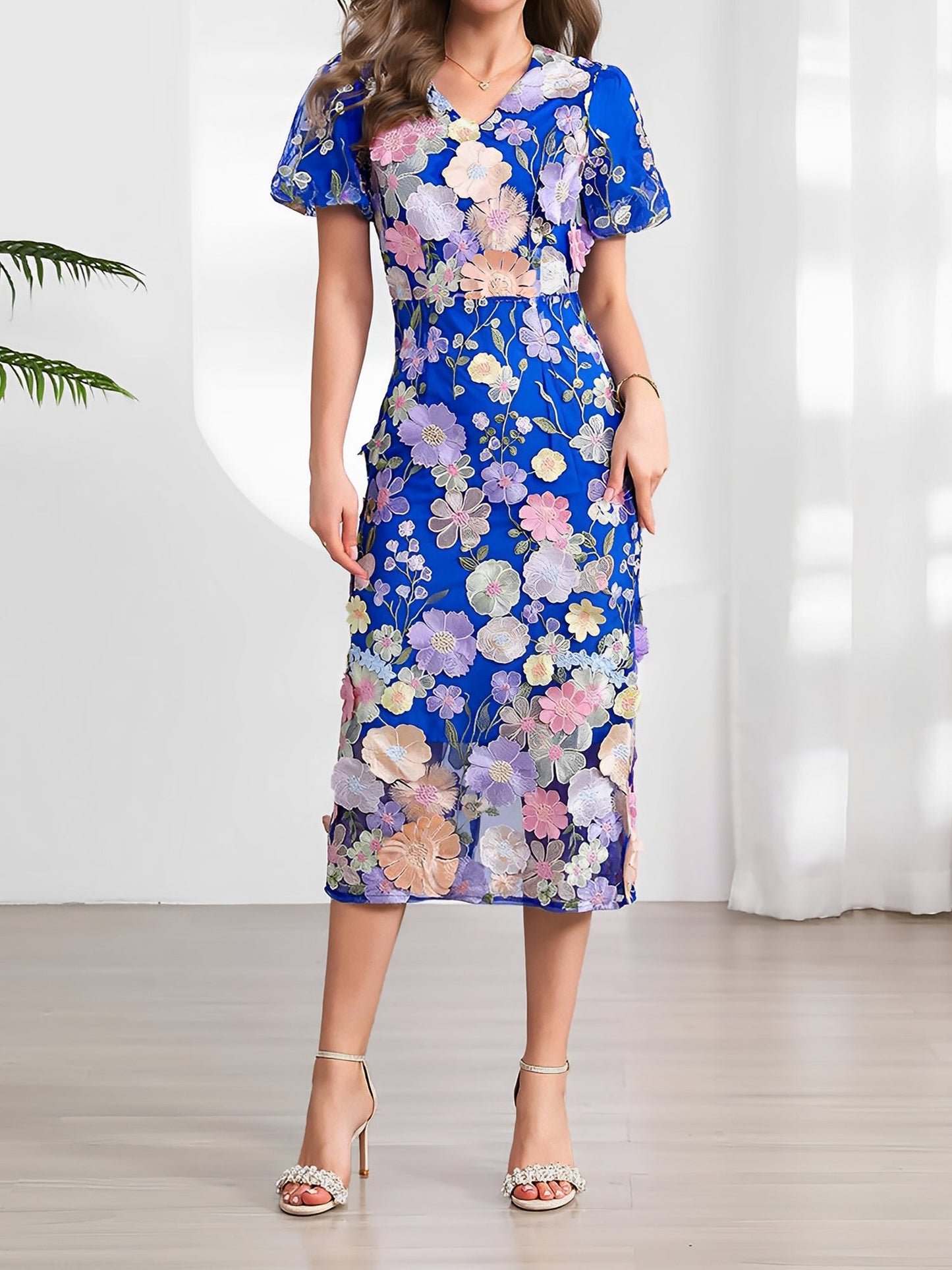 Flower Embroidered Puff Sleeves Midi Sheath Dress