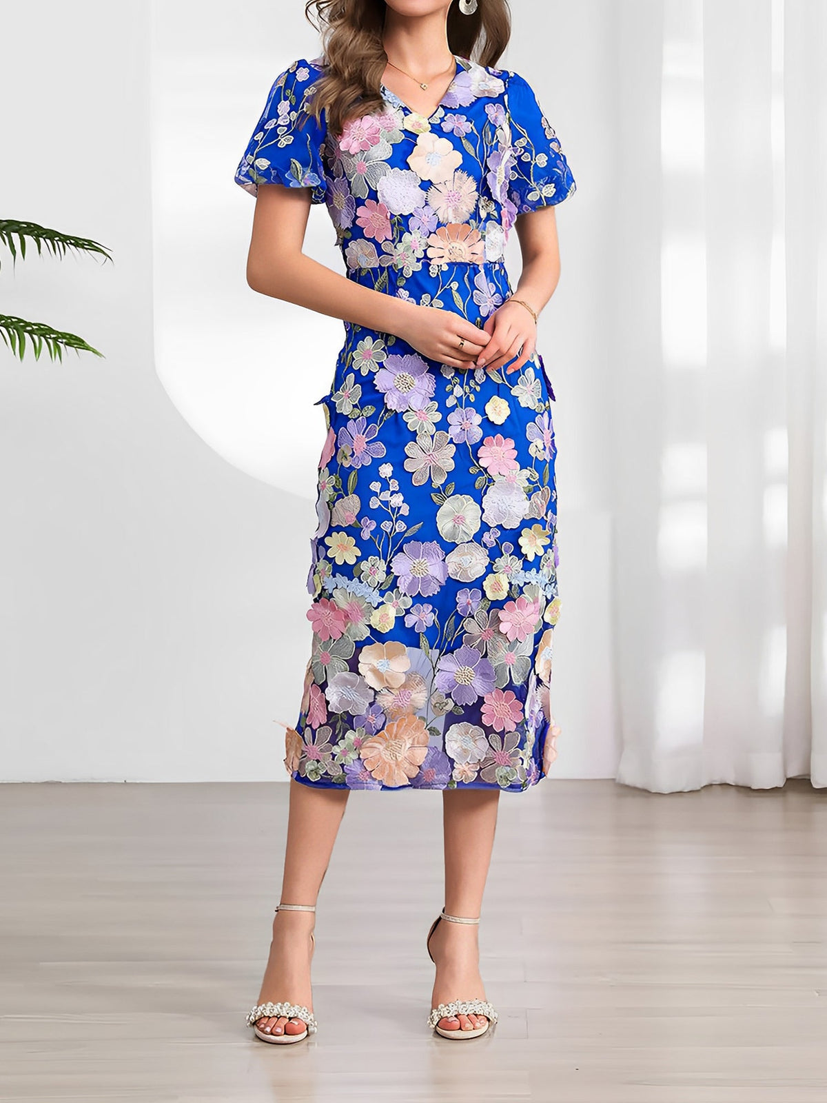 Flower Embroidered Puff Sleeves Midi Sheath Dress