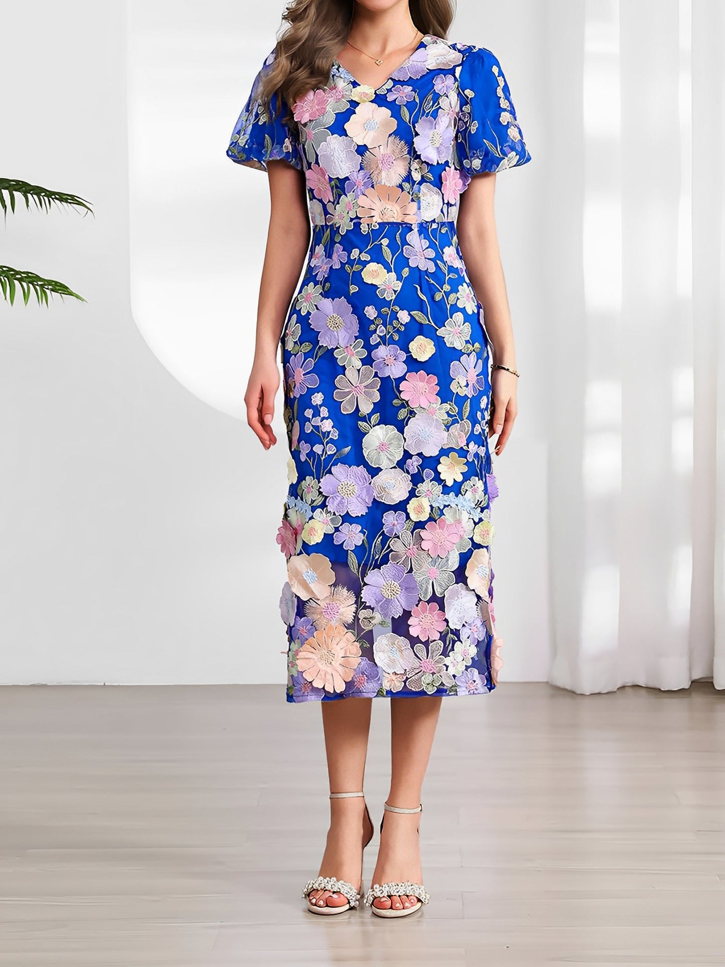 Flower Embroidered Puff Sleeves Midi Sheath Dress