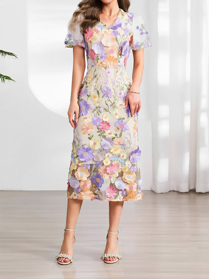 Flower Embroidered Puff Sleeves Midi Sheath Dress