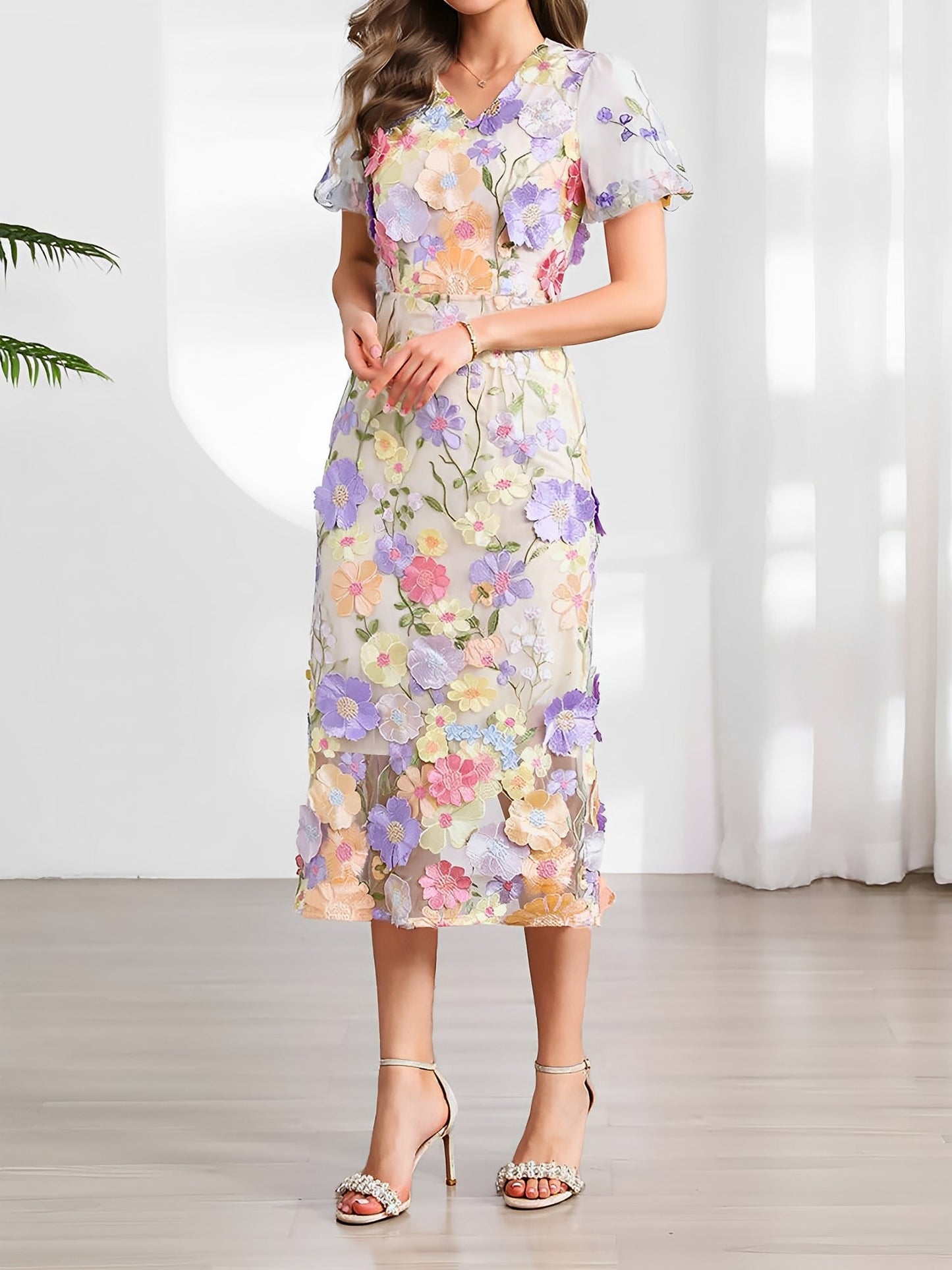 Flower Embroidered Puff Sleeves Midi Sheath Dress