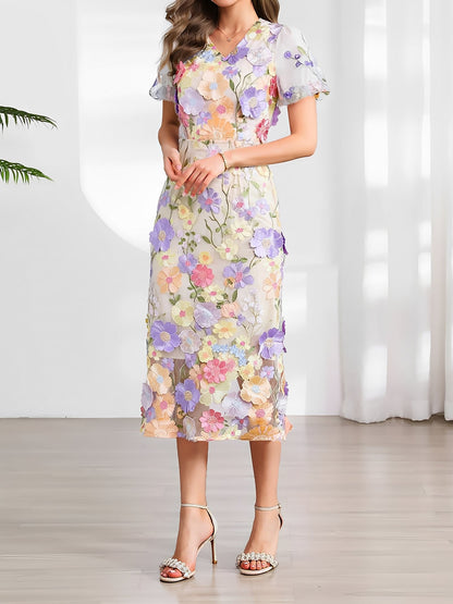 Flower Embroidered Puff Sleeves Midi Sheath Dress