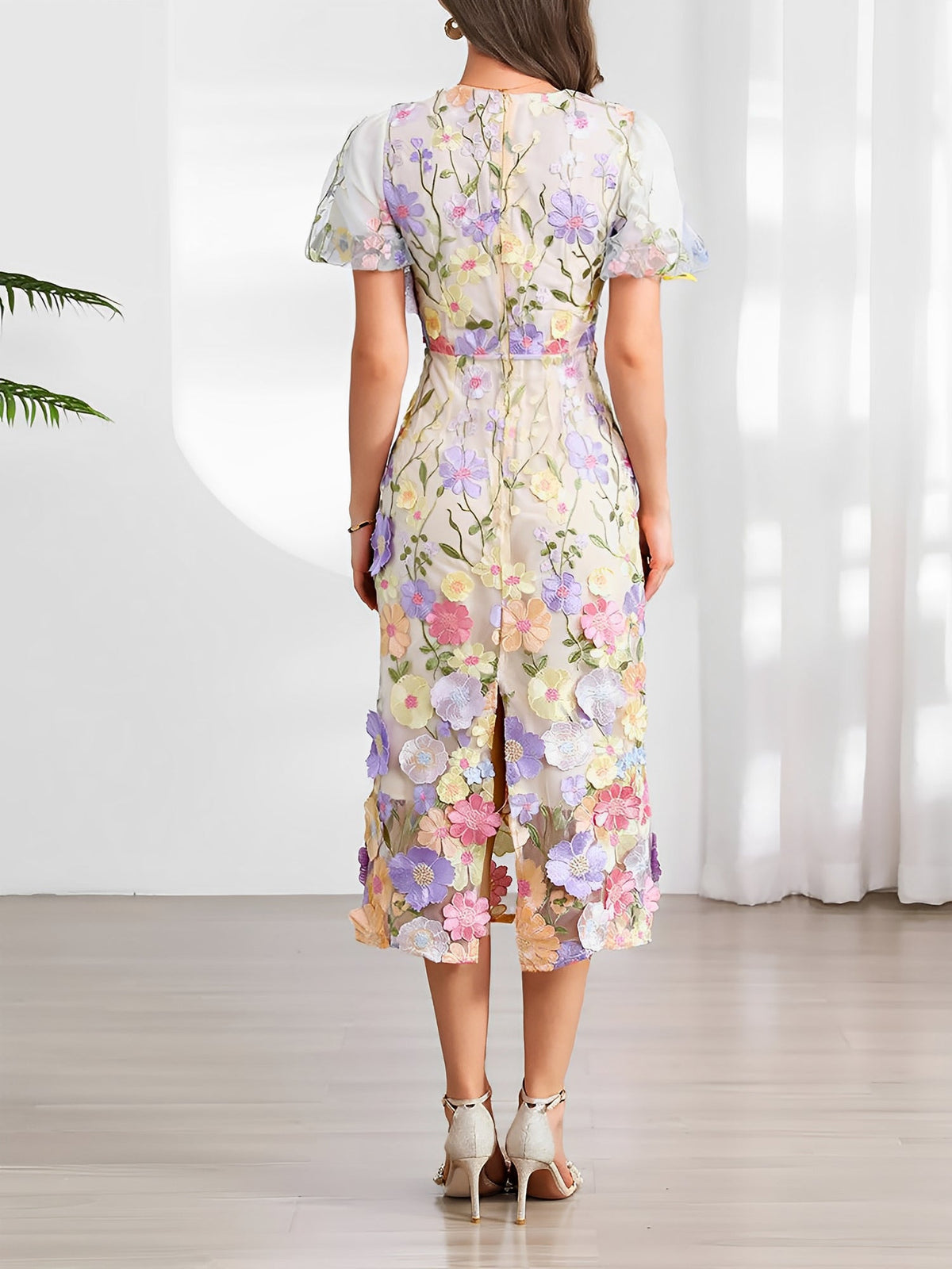 Flower Embroidered Puff Sleeves Midi Sheath Dress