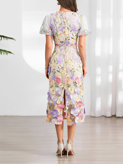 Flower Embroidered Puff Sleeves Midi Sheath Dress