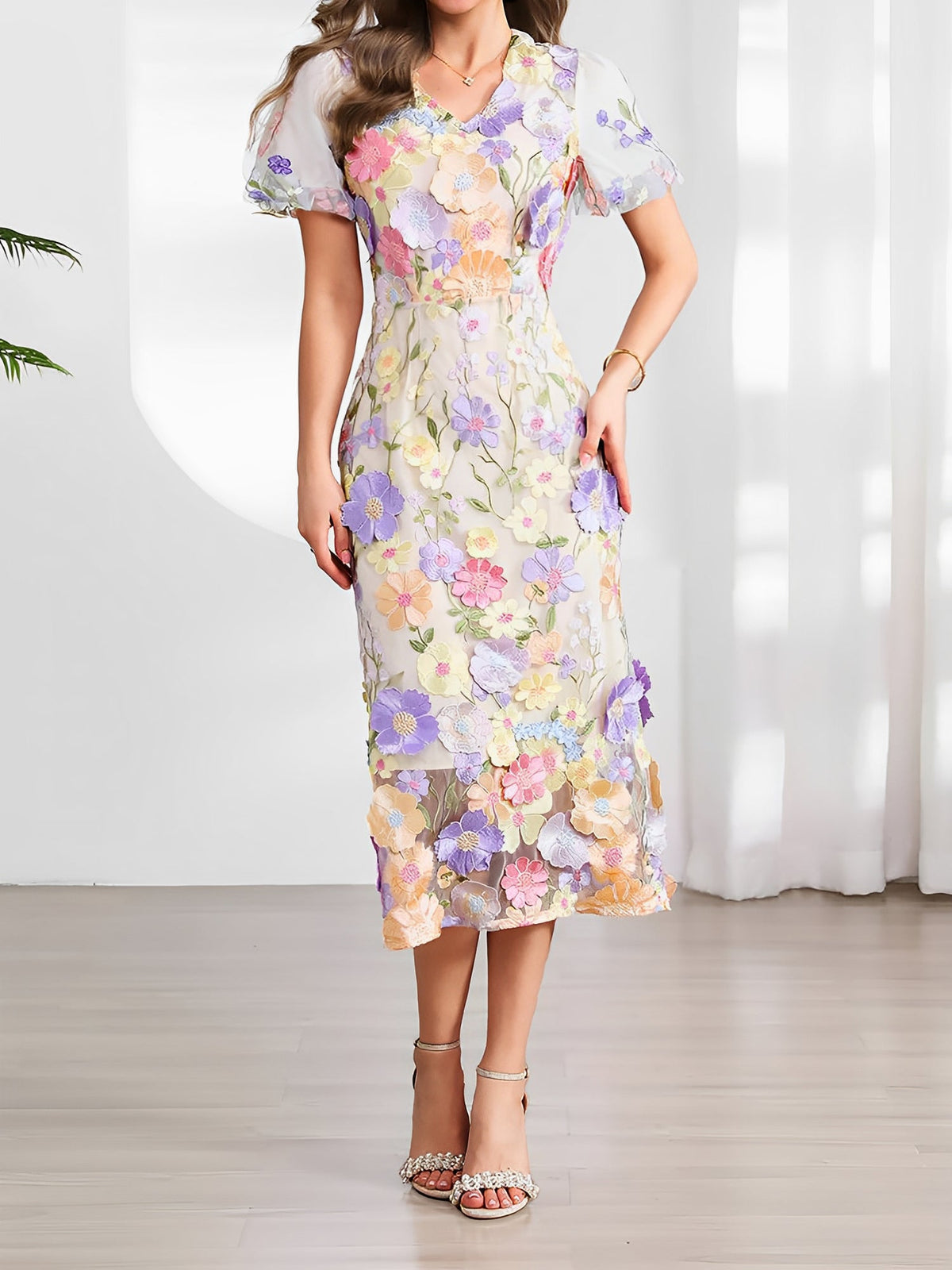 Flower Embroidered Puff Sleeves Midi Sheath Dress