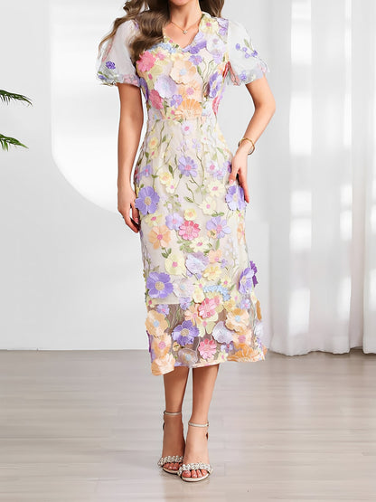Flower Embroidered Puff Sleeves Midi Sheath Dress