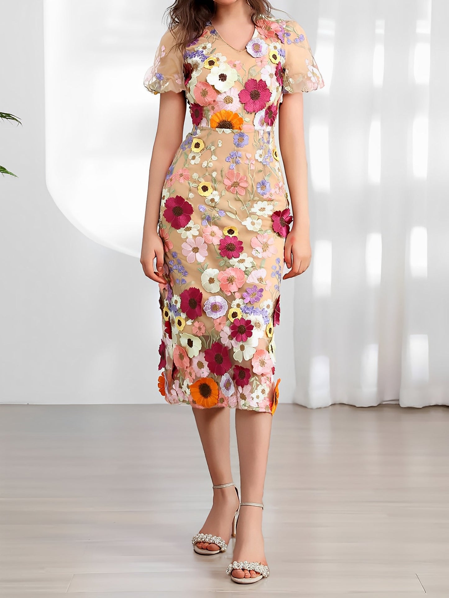 Flower Embroidered Puff Sleeves Midi Sheath Dress