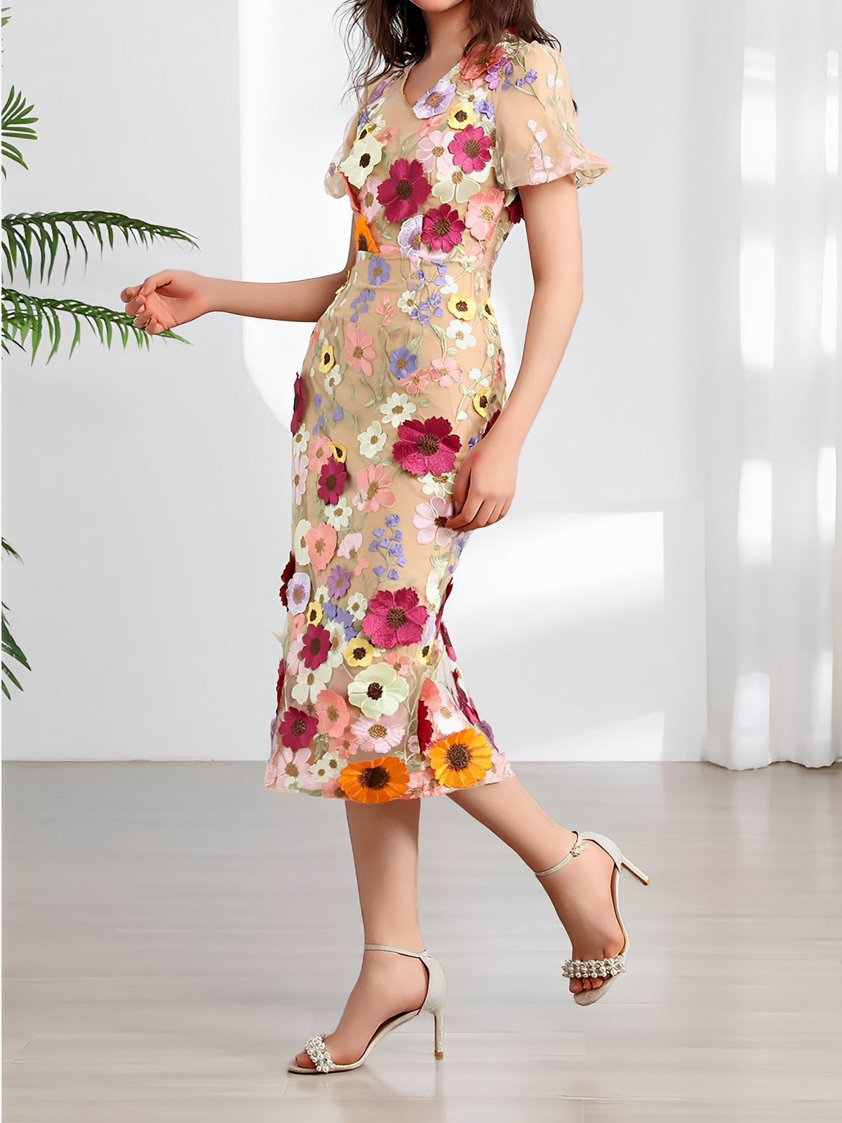 Flower Embroidered Puff Sleeves Midi Sheath Dress