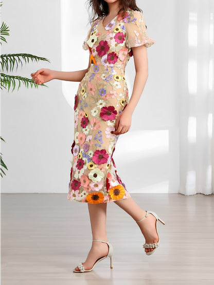 Flower Embroidered Puff Sleeves Midi Sheath Dress