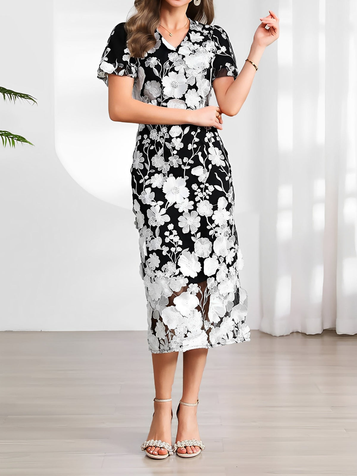 Flower Embroidered Puff Sleeves Midi Sheath Dress
