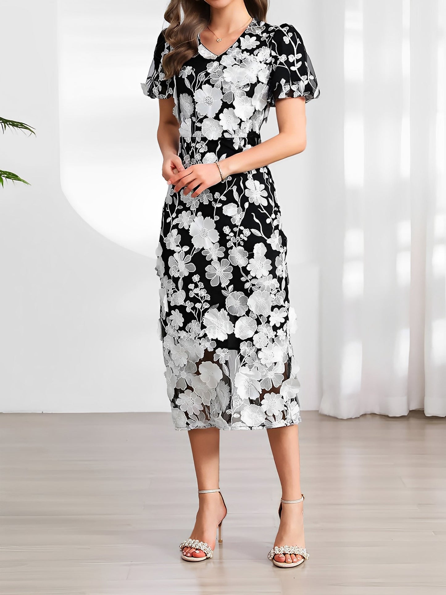 Flower Embroidered Puff Sleeves Midi Sheath Dress