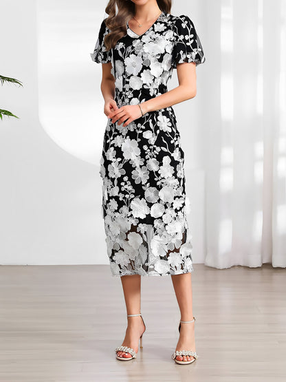 Flower Embroidered Puff Sleeves Midi Sheath Dress