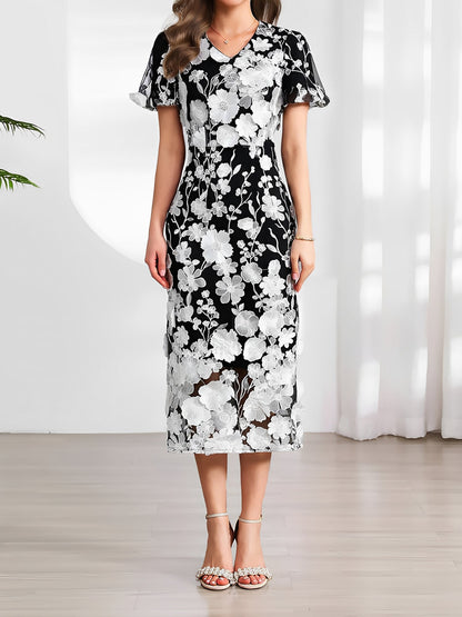 Flower Embroidered Puff Sleeves Midi Sheath Dress