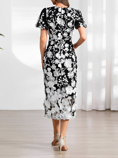 Flower Embroidered Puff Sleeves Midi Sheath Dress