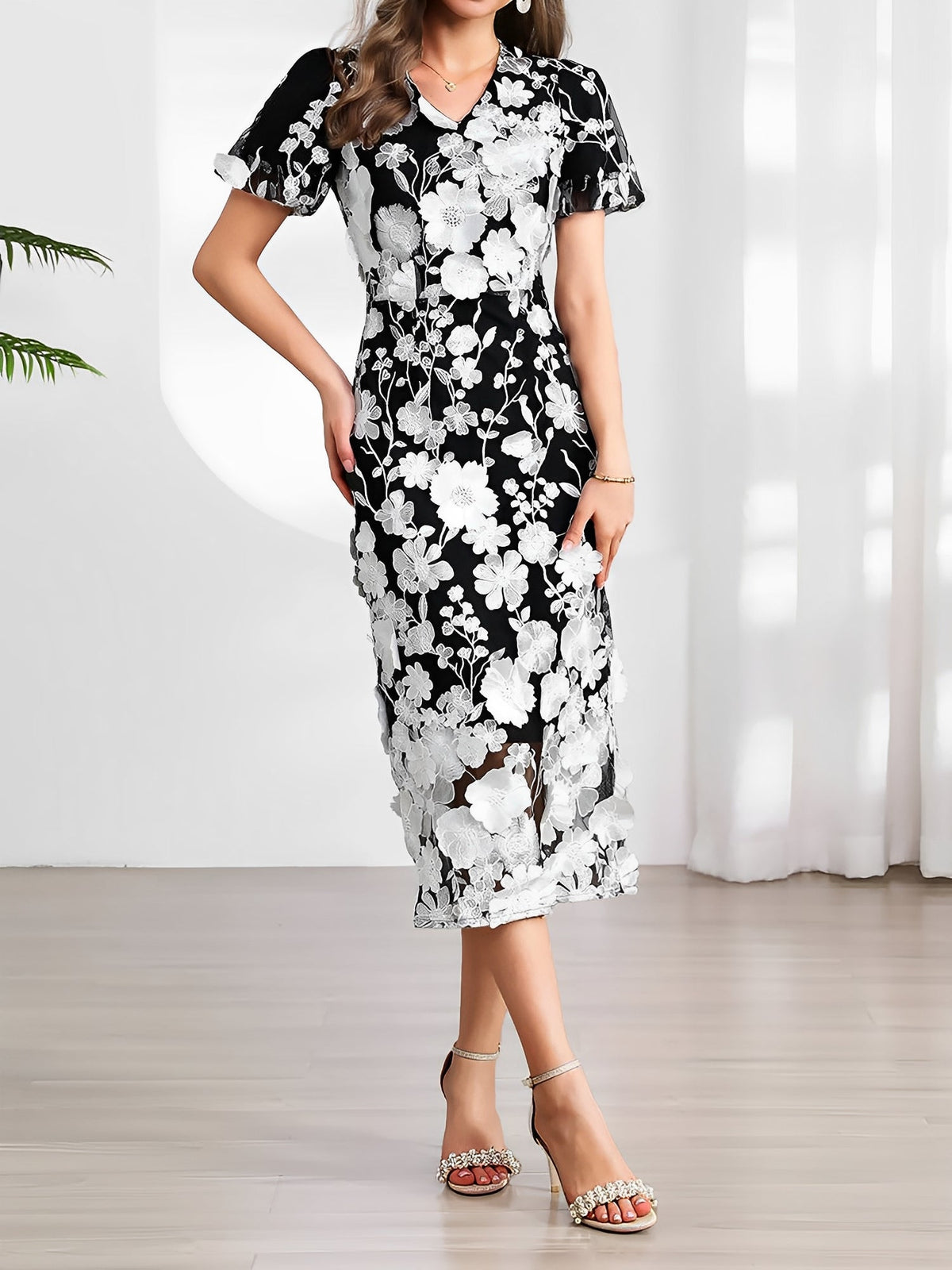 Flower Embroidered Puff Sleeves Midi Sheath Dress