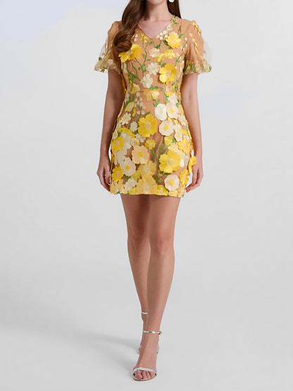 Flower Embroidered Puff Sleeves Mini Sheath Dress