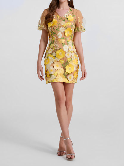 Flower Embroidered Puff Sleeves Mini Sheath Dress