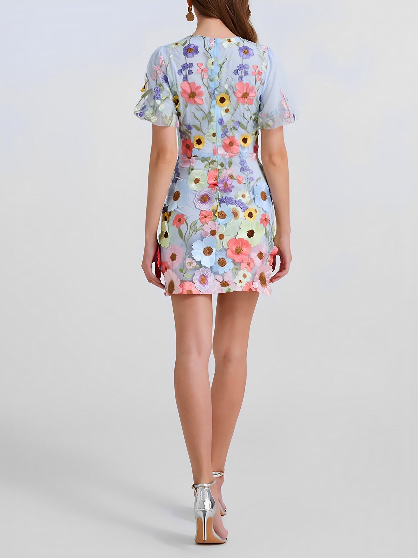 Flower Embroidered Puff Sleeves Mini Sheath Dress
