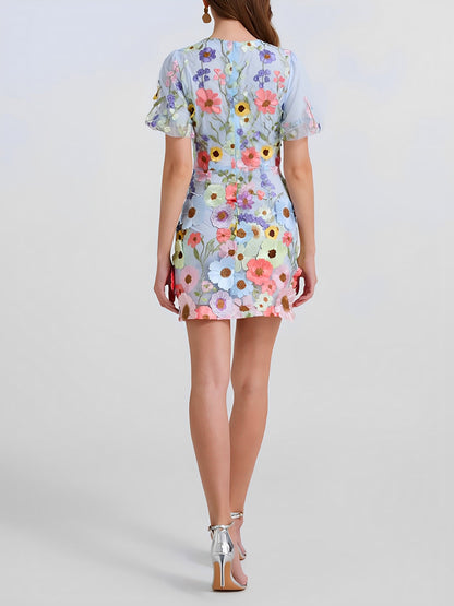 Flower Embroidered Puff Sleeves Mini Sheath Dress