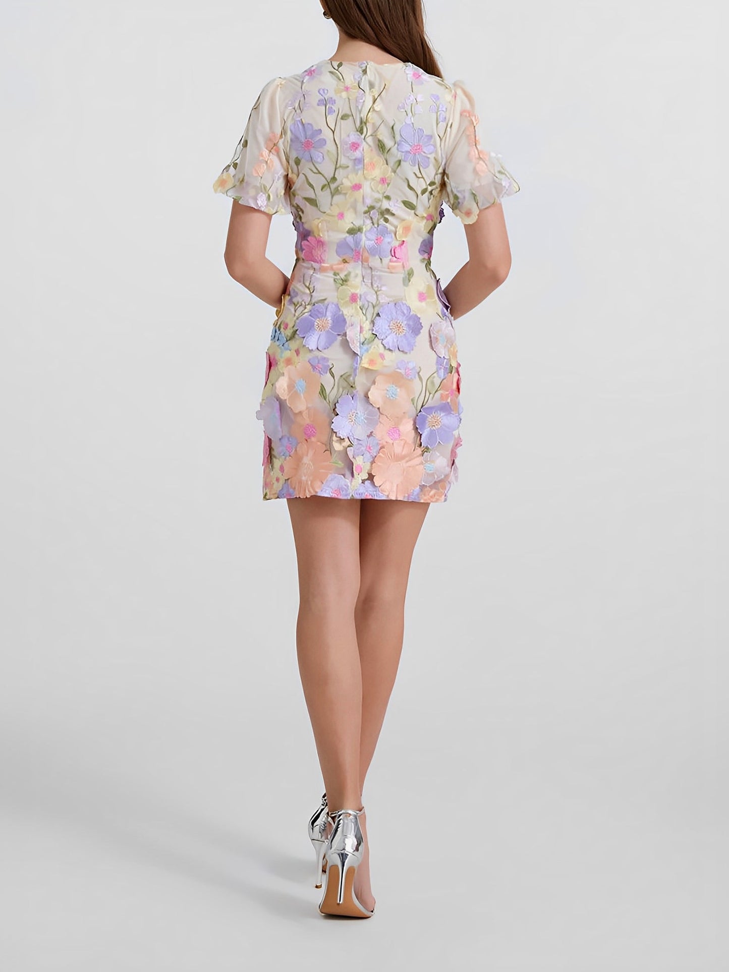 Flower Embroidered Puff Sleeves Mini Sheath Dress