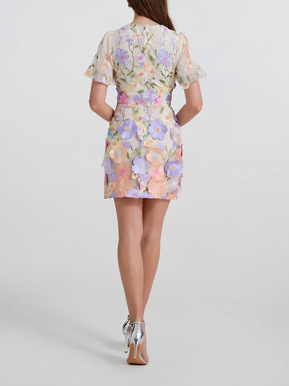 Flower Embroidered Puff Sleeves Mini Sheath Dress