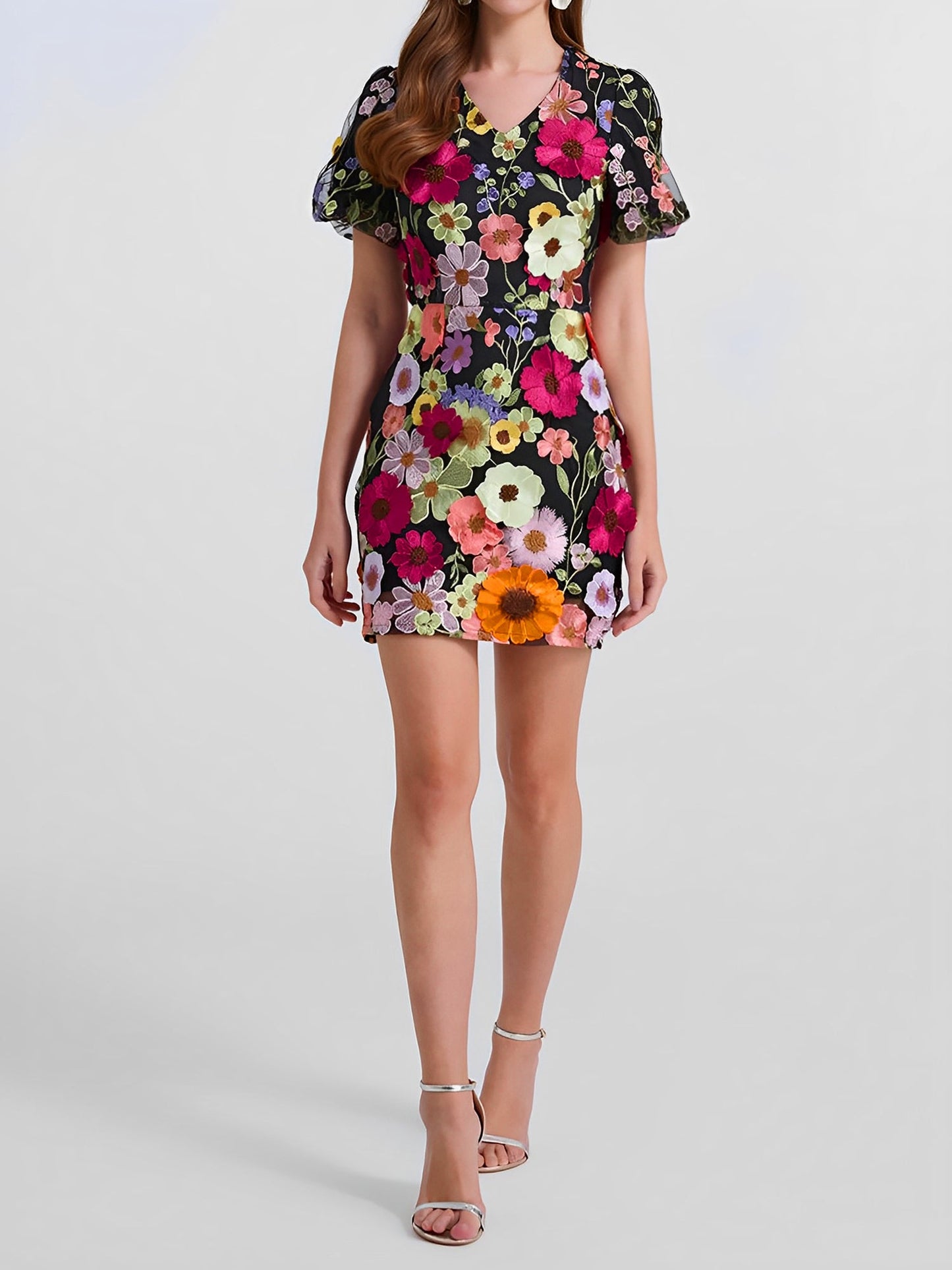 Flower Embroidered Puff Sleeves Mini Sheath Dress