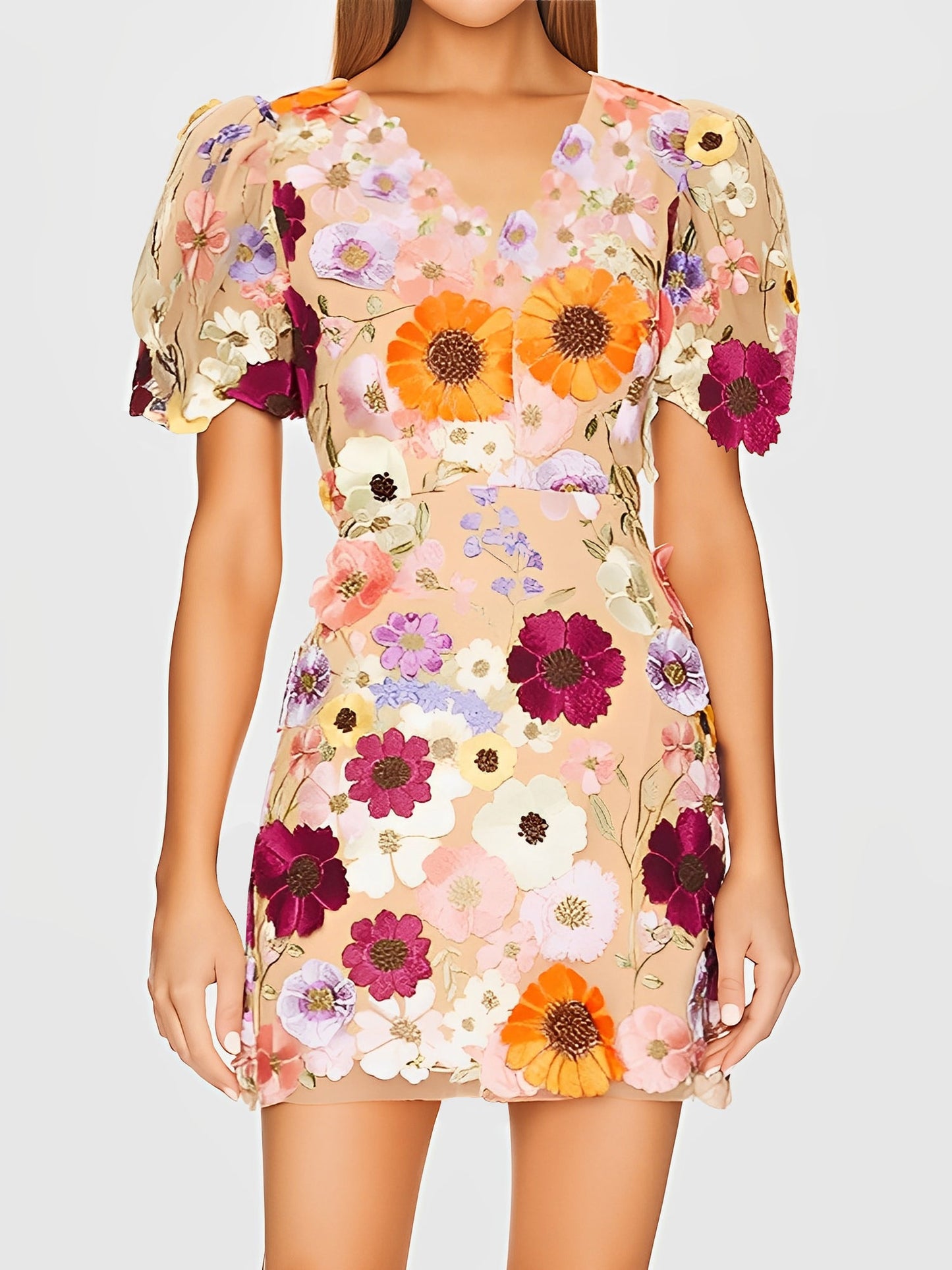 Flower Embroidered Puff Sleeves Mini Sheath Dress