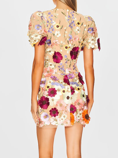 Flower Embroidered Puff Sleeves Mini Sheath Dress