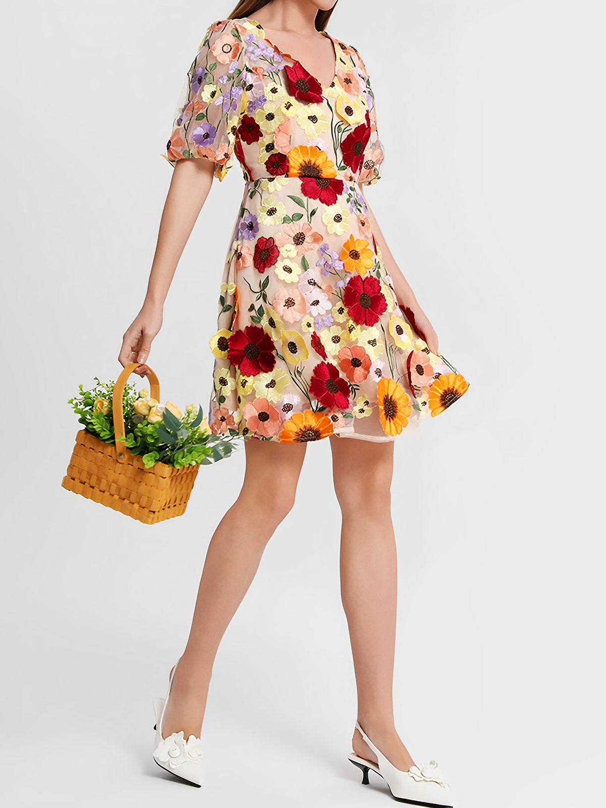 Flower Embroidered Puff Sleeves Mini A-Line Dress