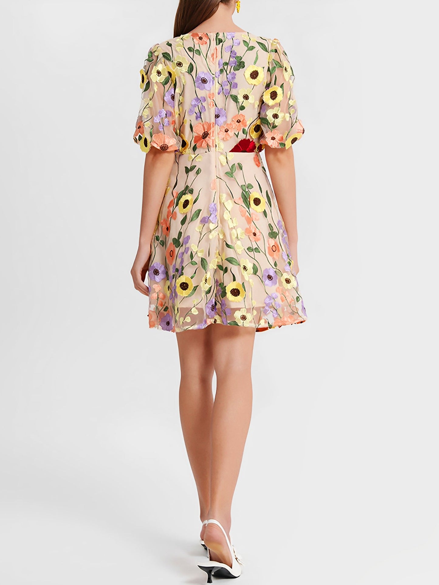 Flower Embroidered Puff Sleeves Mini A-Line Dress