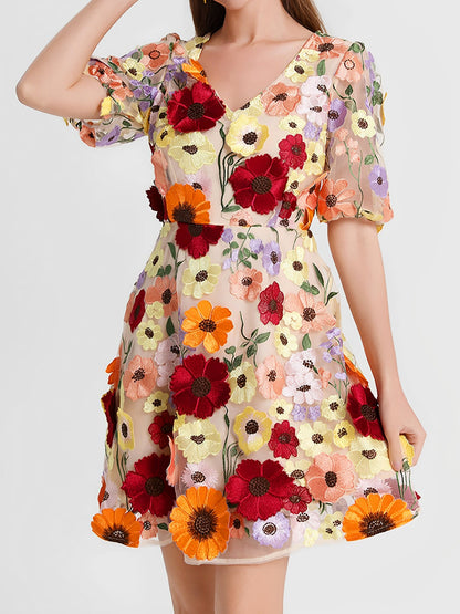 Flower Embroidered Puff Sleeves Mini A-Line Dress