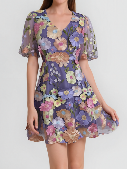 Flower Embroidered Puff Sleeves Mini A-Line Dress