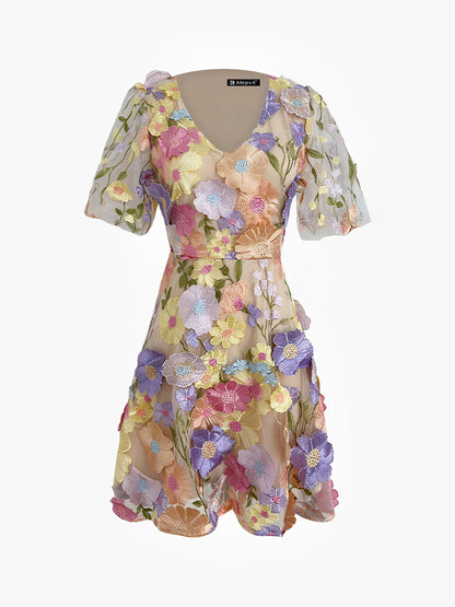 Flower Embroidered Puff Sleeves Mini A-Line Dress