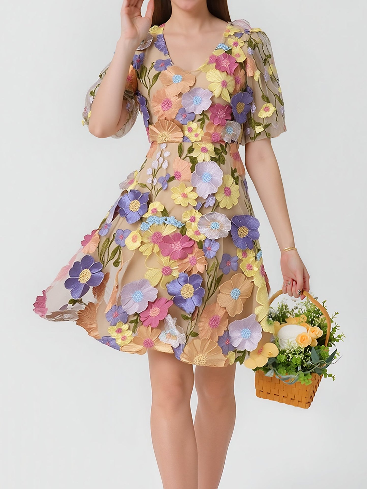 Flower Embroidered Puff Sleeves Mini A-Line Dress