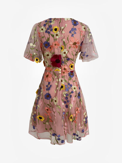 Flower Embroidered Puff Sleeves Mini A-Line Dress