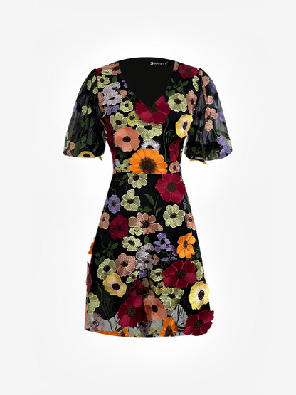Flower Embroidered Puff Sleeves Mini A-Line Dress