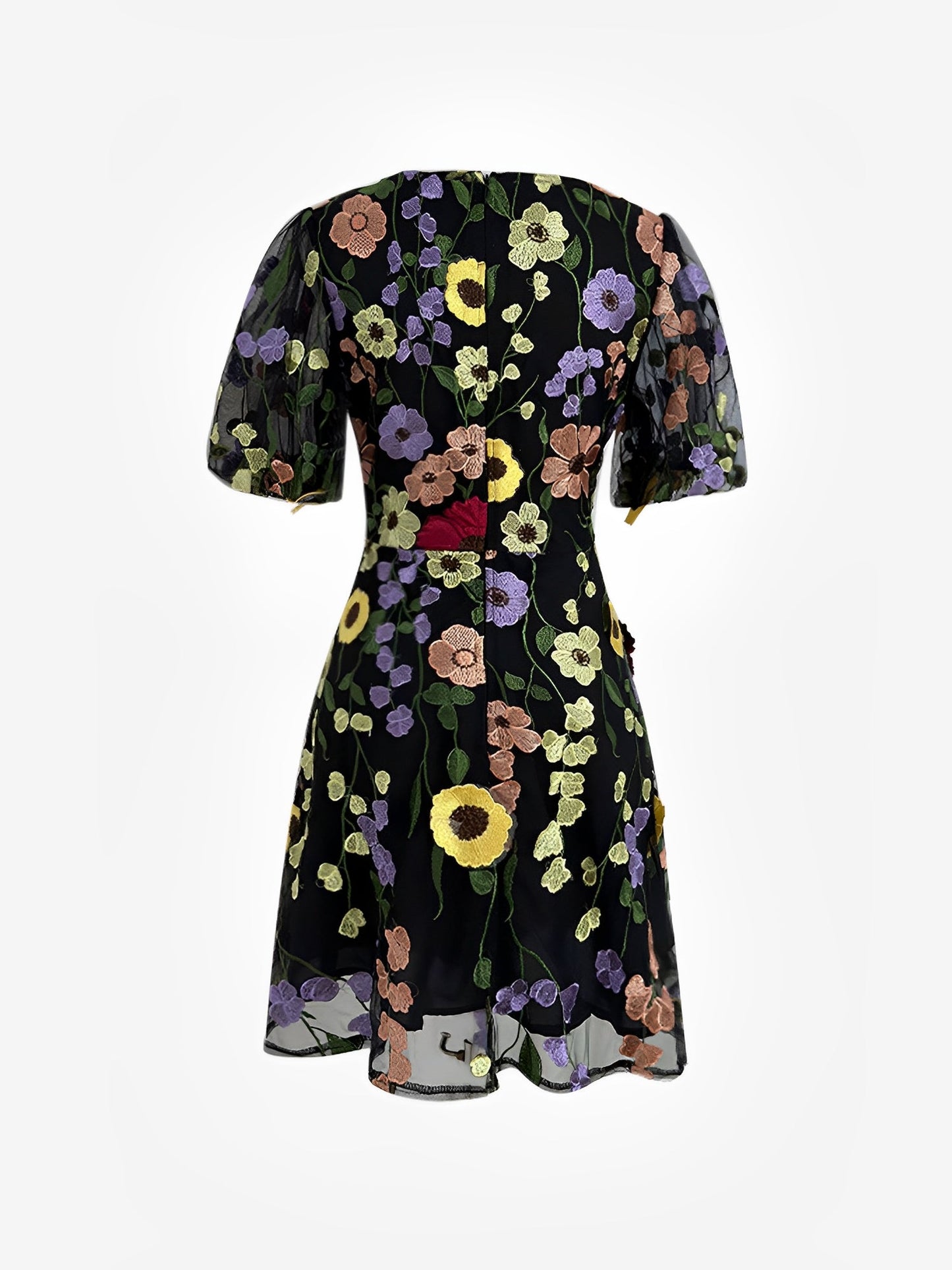 Flower Embroidered Puff Sleeves Mini A-Line Dress