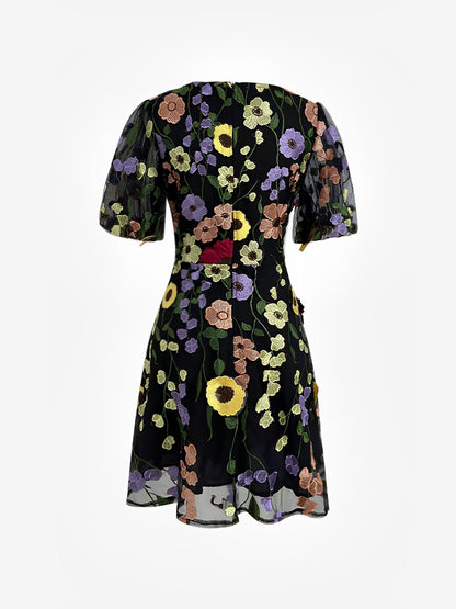 Flower Embroidered Puff Sleeves Mini A-Line Dress