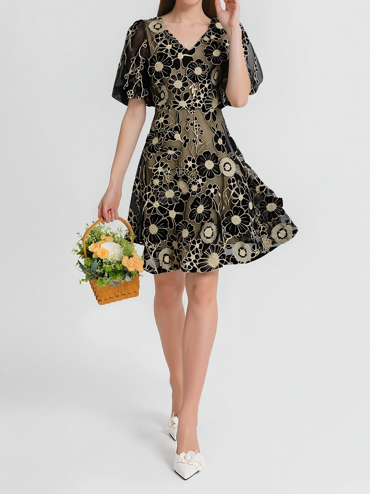 Flower Embroidered Puff Sleeves Mini A-Line Dress