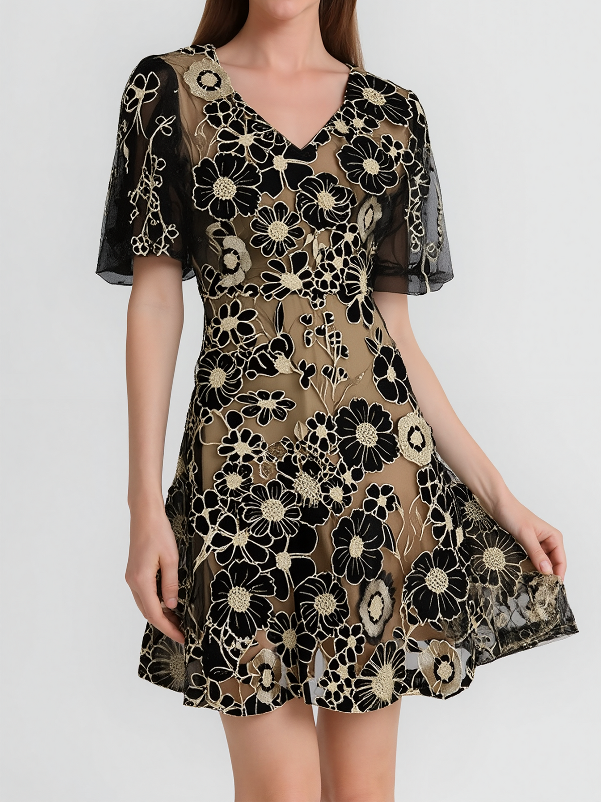 Flower Embroidered Puff Sleeves Mini A-Line Dress