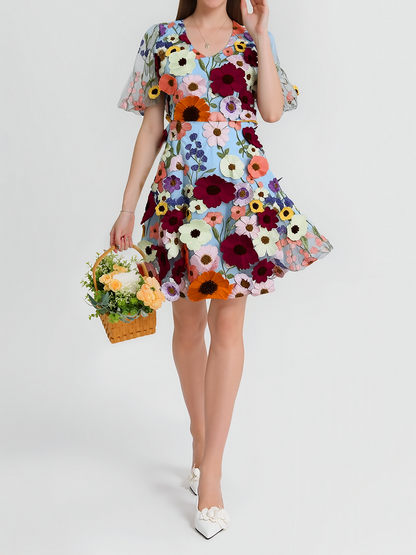Flower Embroidered Puff Sleeves Mini A-Line Dress