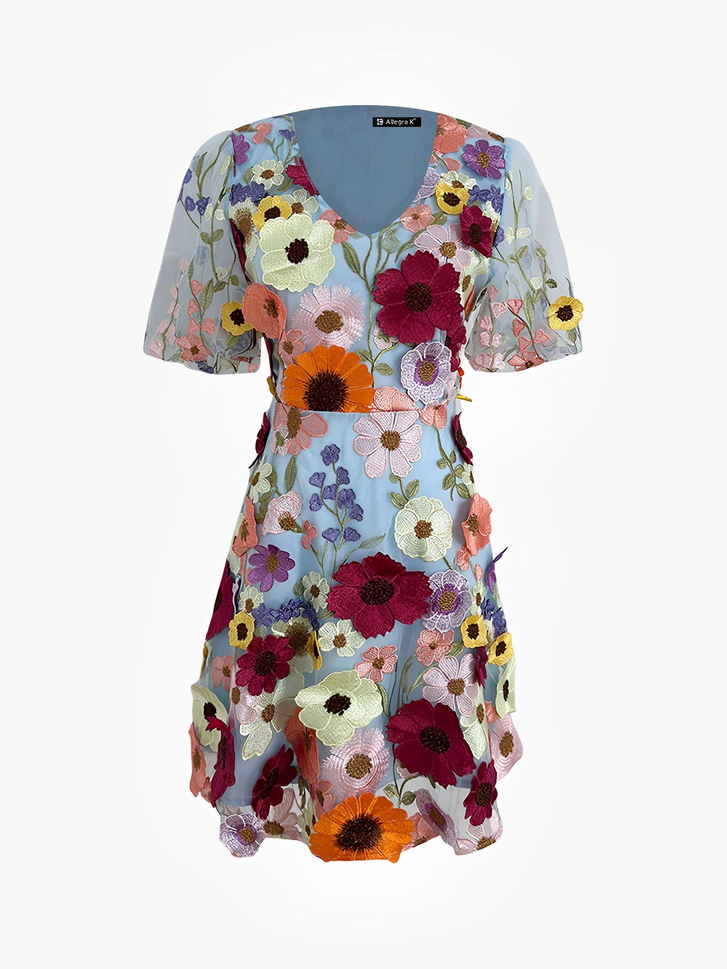 Flower Embroidered Puff Sleeves Mini A-Line Dress