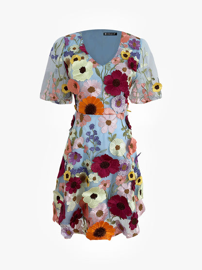 Flower Embroidered Puff Sleeves Mini A-Line Dress
