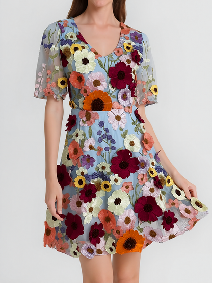 Flower Embroidered Puff Sleeves Mini A-Line Dress
