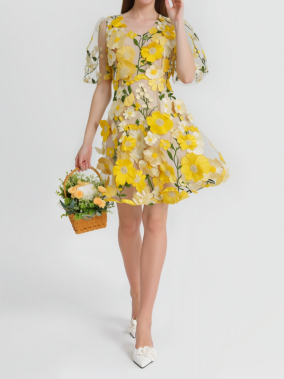 Flower Embroidered Puff Sleeves Mini A-Line Dress