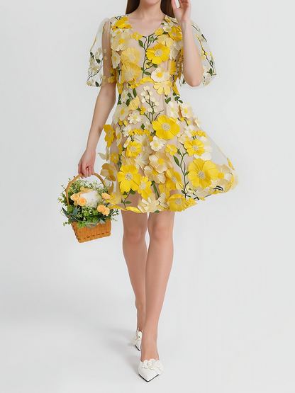 Flower Embroidered Puff Sleeves Mini A-Line Dress