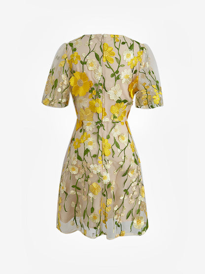 Flower Embroidered Puff Sleeves Mini A-Line Dress