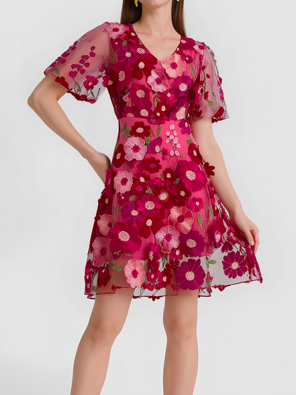 Flower Embroidered Puff Sleeves Mini A-Line Dress